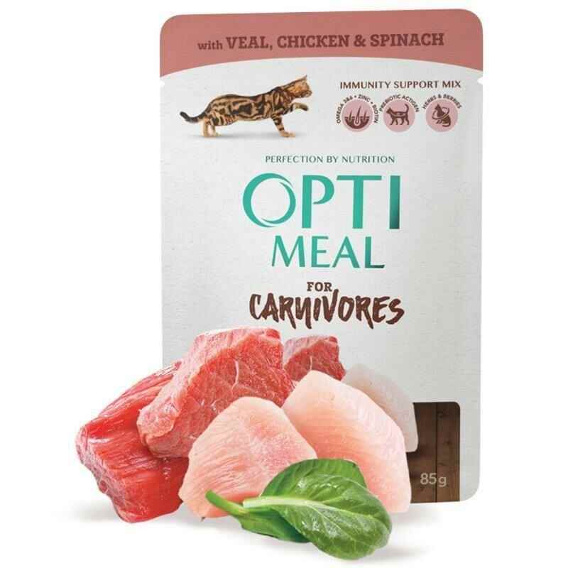 Optimeal Carnivores Fileto Dana Etli Tavuklu ve Ispanaklı Yetişkin Kedi Konservesi 85 gr