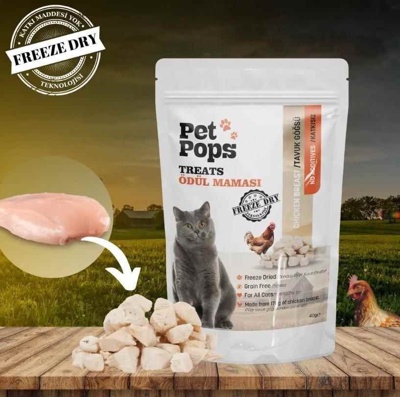 Pet Pops Freeze-Dried Kedi Ödülü Tavuk Göğsü Kedi Ödülü 40 Gr