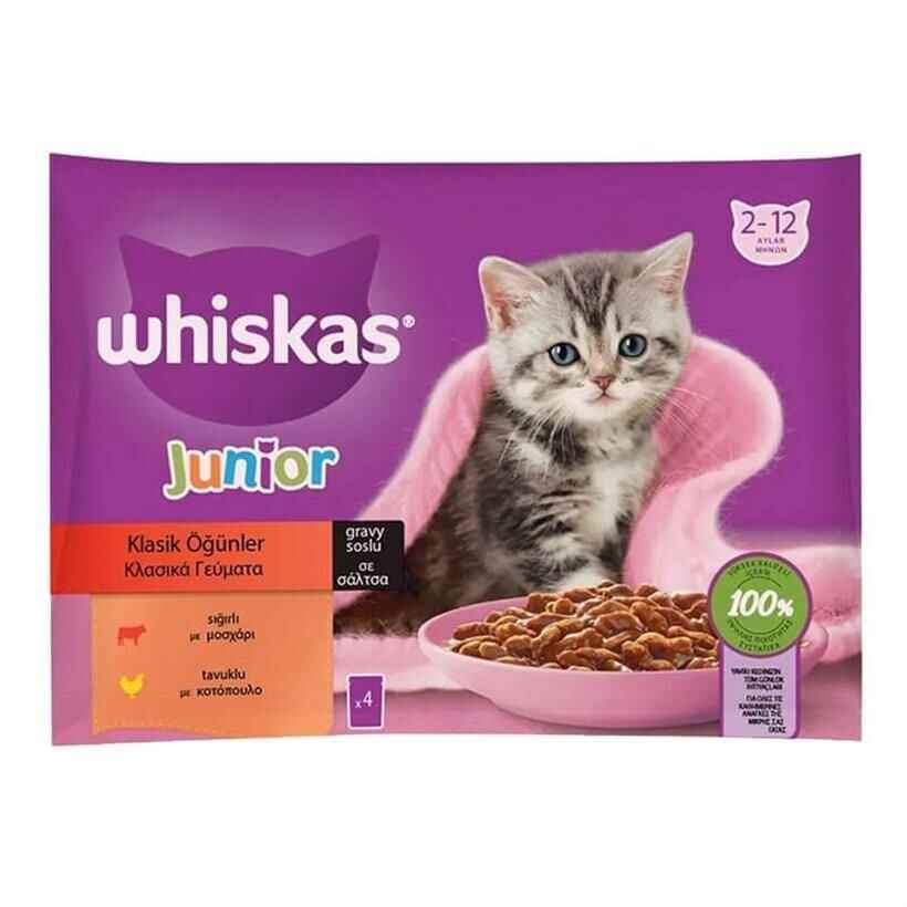 Whiskas Pouch Sos İçinde Sığırlı ve Tavuklu Yavru Kedi Konservesi 85gr (4'lü)