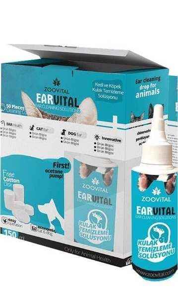 ZooVital Ear Vital Kedi ve Köpek Kulak Temizleme Seti (150 ML Solüsyon+Pamuk)